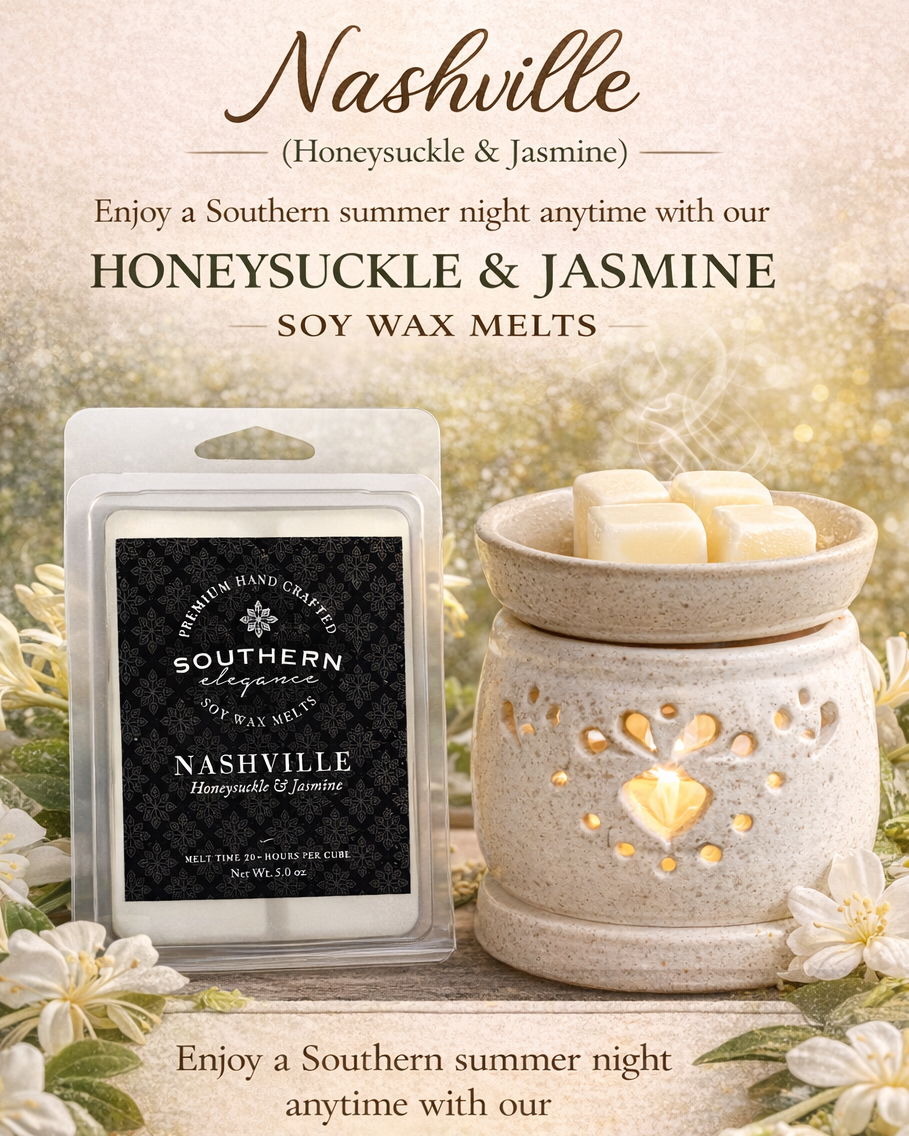 Advertisement for Nashville Honeysuckle & Jasmine soy wax melts with a scented warmer and flowers.