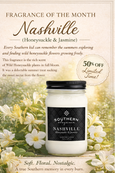 Candle with 'Southern Elegance' label in a garden setting, featuring honeysuckle and jasmine.
