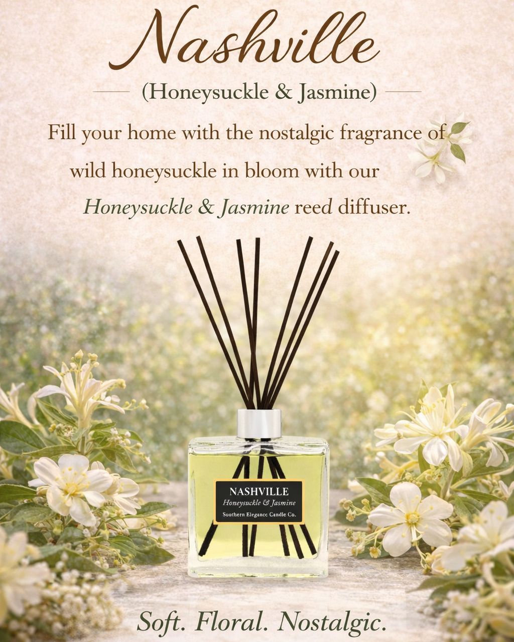 Reed diffuser with floral design and text describing the fragrance and features.
