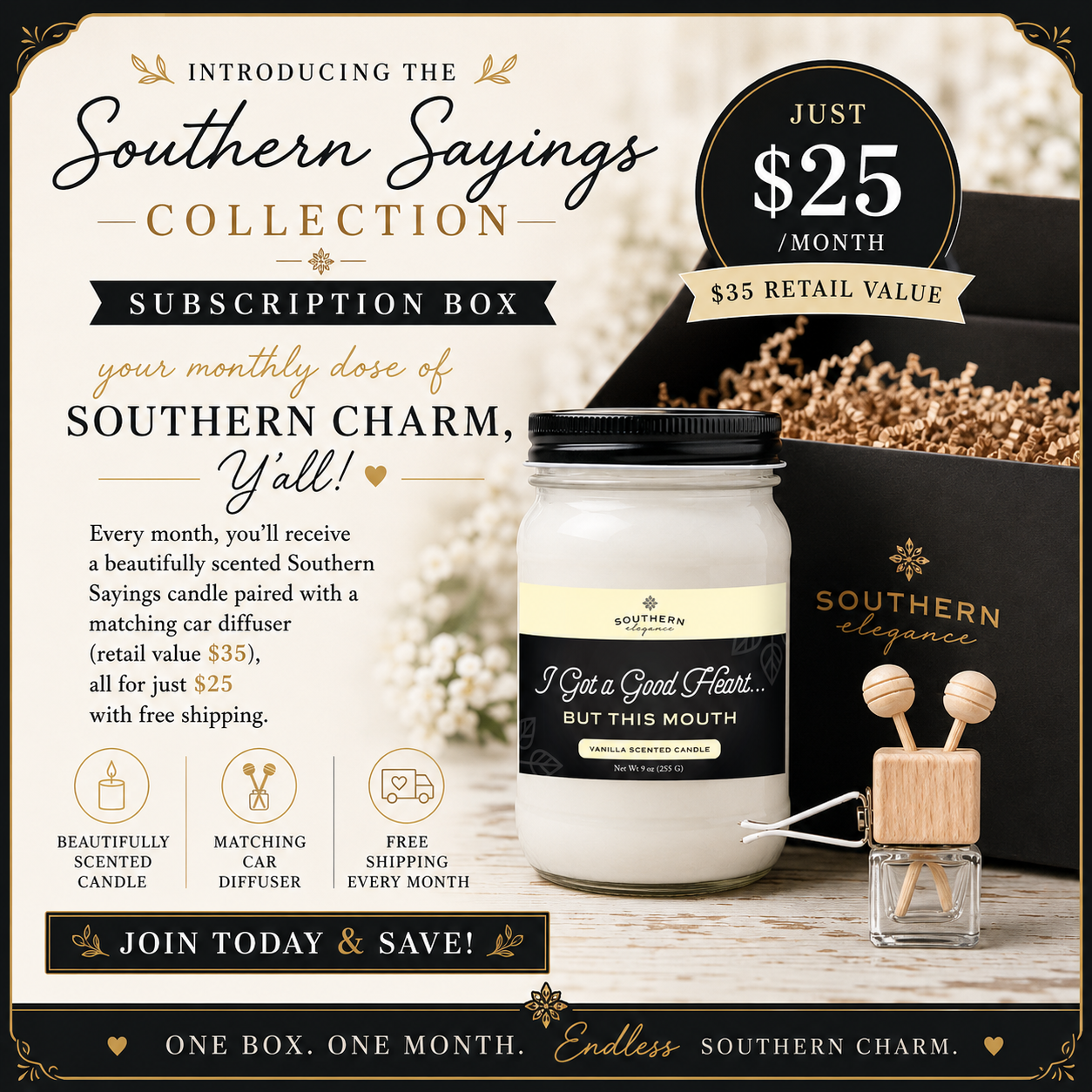 $25 Southern Sayings Monthly Subscription (Candle & Car Freshener)